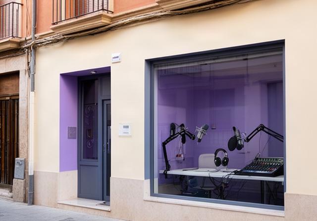 Fachada de un estudio de podcast en Alfaro, La Rioja, con acceso y equipo de grabación visible