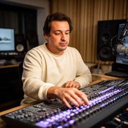 Especialista en ingeniería de sonido ajustando una consola en el estudio