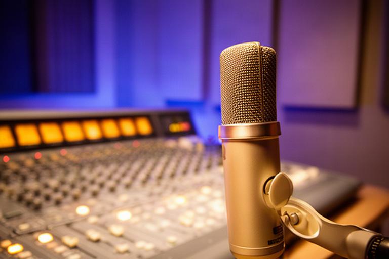 Micrófono profesional frente a una mesa de sonido iluminada en un estudio de podcast de Alfaro