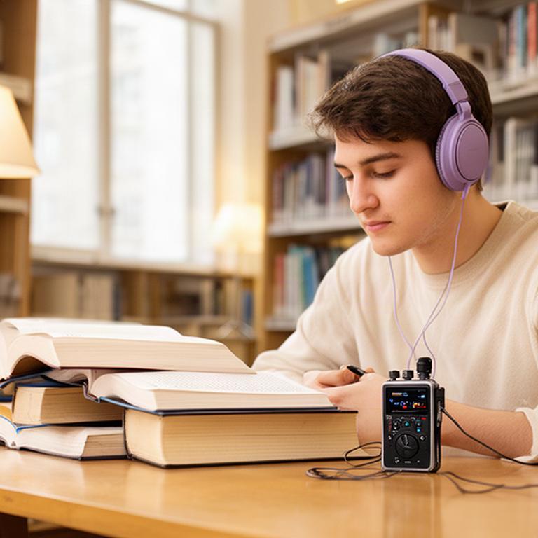 Estudiante con auriculares junto a libros y una grabadora en una biblioteca luminosa