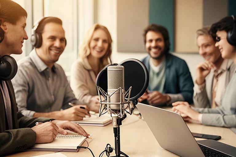 Equipo de marketing reunido en una oficina moderna junto a un micrófono de estudio para grabar un podcast corporativo